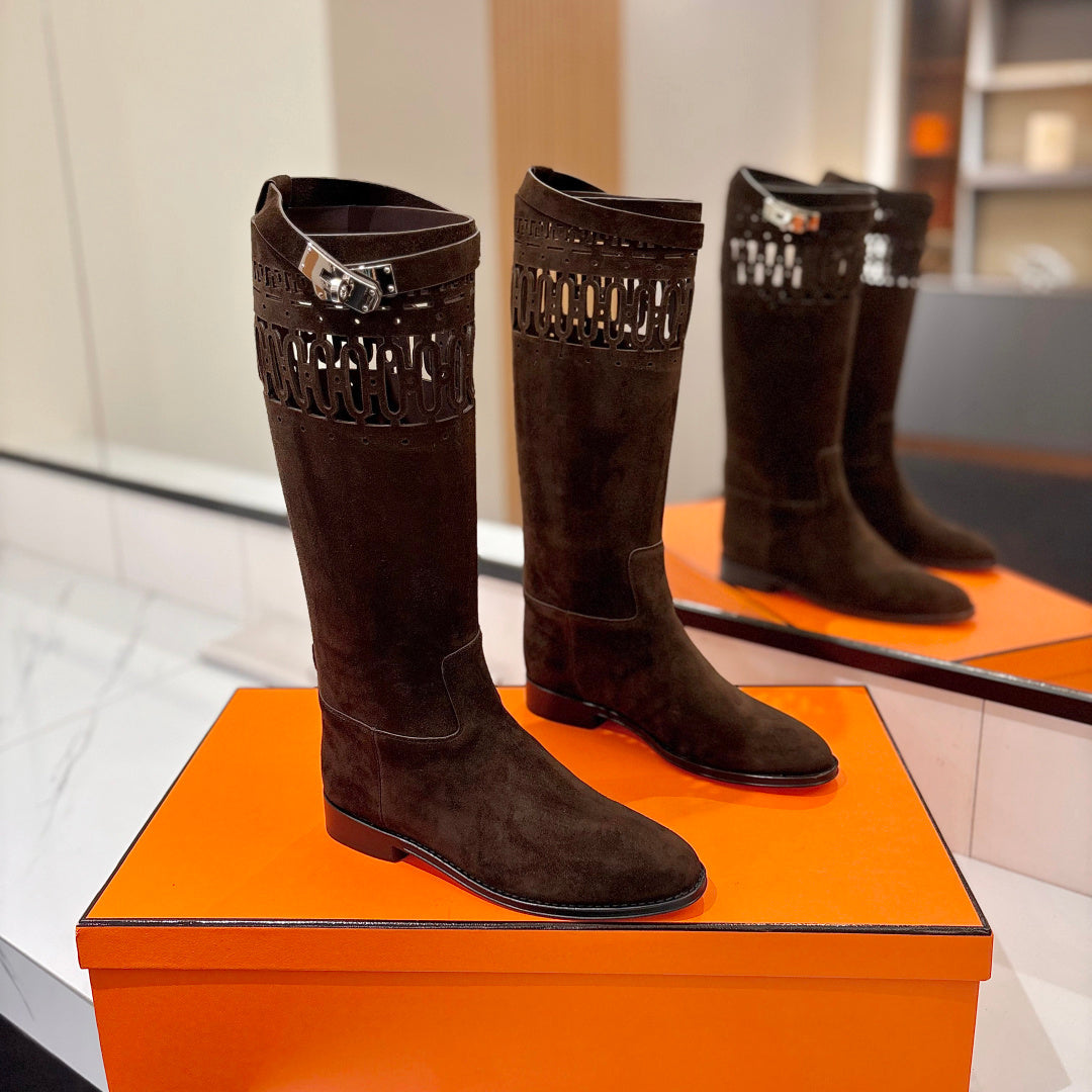 HM 26S PERFORATED HIGH-TOP BOOTS IN DARK BROWN SUEDE