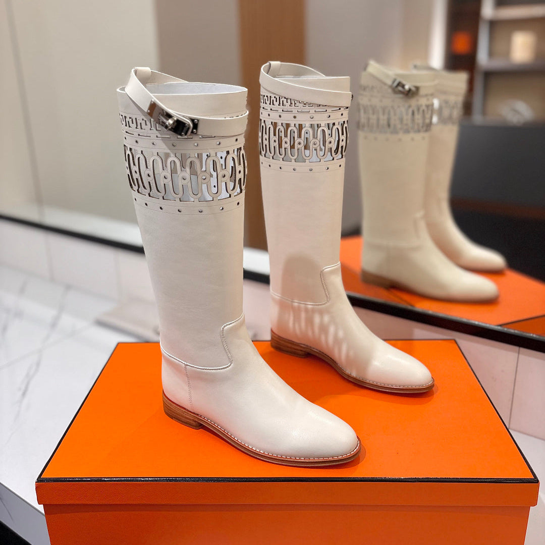 HM 26S PERFORATED HIGH-TOP BOOTS IN CREAM WHITE CALFSKIN