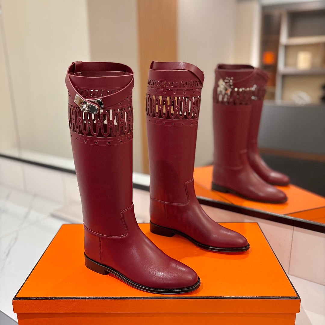 HM 26S PERFORATED HIGH-TOP BOOTS IN DARK RED CALFSKIN