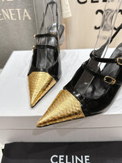JUDY DOUBLE STRAP MARY JANE SLINGBACK 65MM IN BLACK SHINY CALFSKIN AND GOLD SNAKE EMBOSSED LEATHER