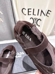 PRADA 25S COLLAPSE RE NYLON AND SUEDE BALLERINAS IN COFFEE