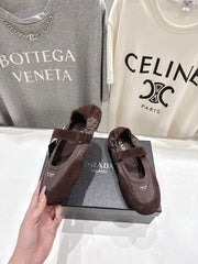 PRADA 25S COLLAPSE RE NYLON AND SUEDE BALLERINAS IN COFFEE