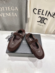 PRADA 25S COLLAPSE RE NYLON AND SUEDE BALLERINAS IN COFFEE
