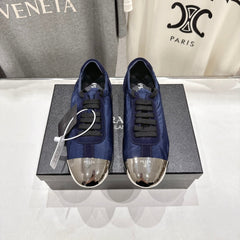 PRADA 25S COLLAPSE RE NYLON AND SUEDE SNEAKERS IN DARK BLUE WITH METAL TOECAP