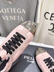 PRADA 25S COLLAPSE RE NYLON AND SUEDE SNEAKERS IN LIGHT PINK WITH METAL TOECAP