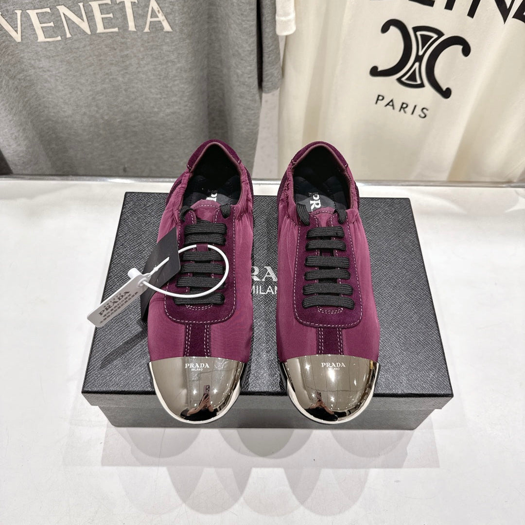 PRADA 25S COLLAPSE RE NYLON AND SUEDE SNEAKERS IN PLUM WITH METAL TOECAP
