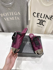 PRADA 25S MULES IN PLUM WITH METAL TOECAP