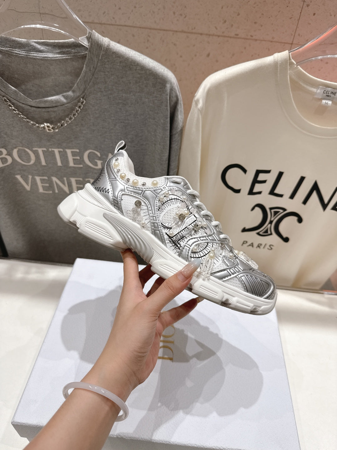 DIOR 25S SNEAKER IN SILVER LAMBSKIN AND MESH FABRIC WITH PEARL DETAILING