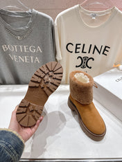 CELINE 26S FUR-TRIM ANKLE BOOTS IN BROWN SUEDE
