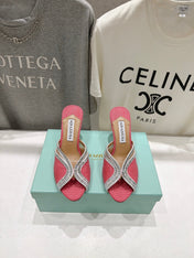 AQUAZZURA 26S HEEL SANDALS 80 MM IN CORAL PINK CANVAS WITH CRYSTALS