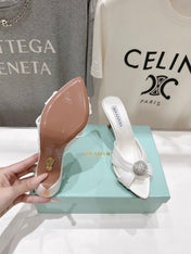 AQUAZZURA 26S HEEL SANDALS 80 MM IN WHITE SATIN CRYSTAL-EMBELLISHED SPHERE