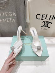 AQUAZZURA 26S HEEL SANDALS 80 MM IN WHITE SATIN CRYSTAL-EMBELLISHED SPHERE