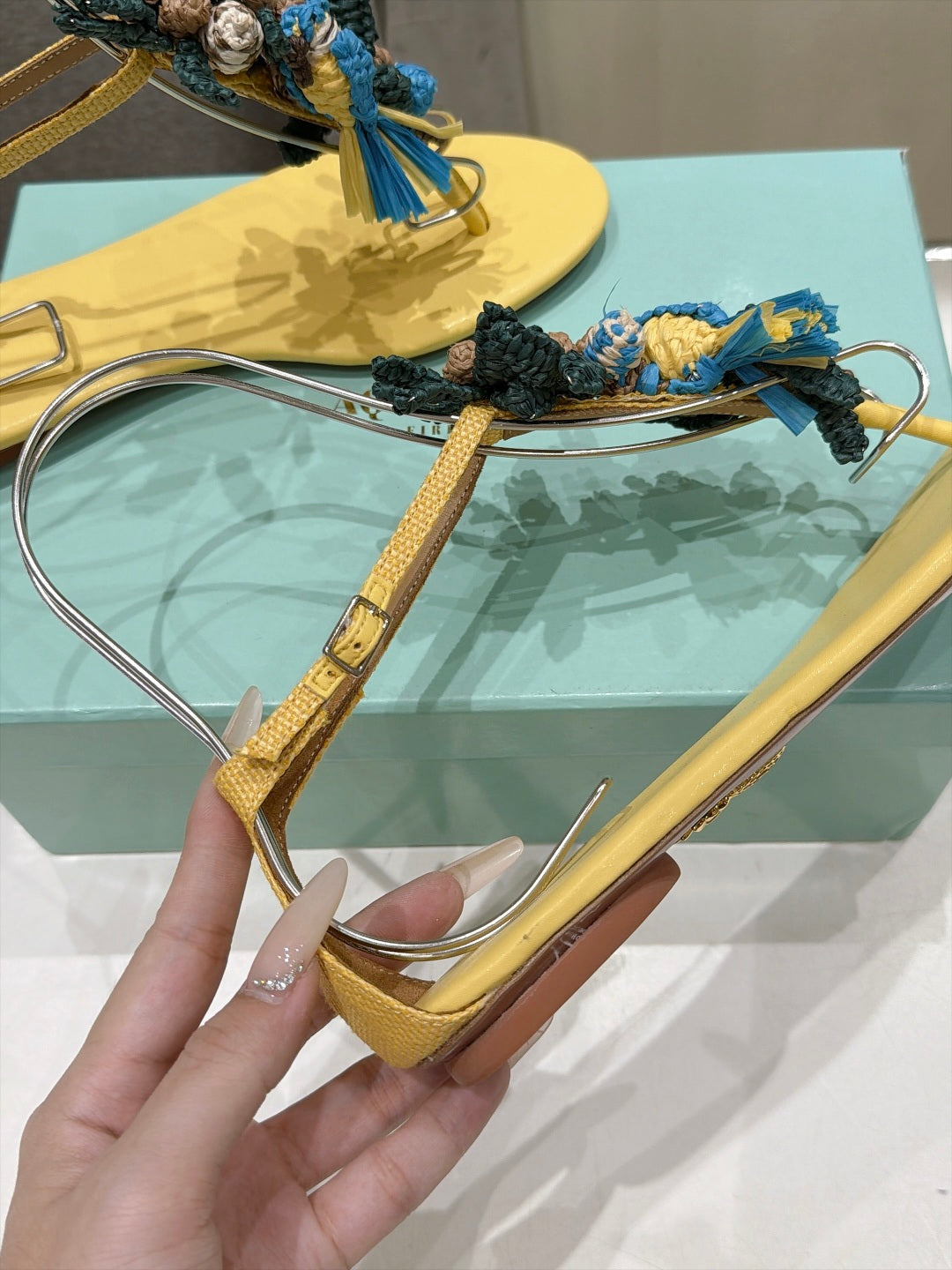 AQUAZZURA 26S FLORAL APPLIQUE THONG SANDALS IN YELLOW CALFSKIN