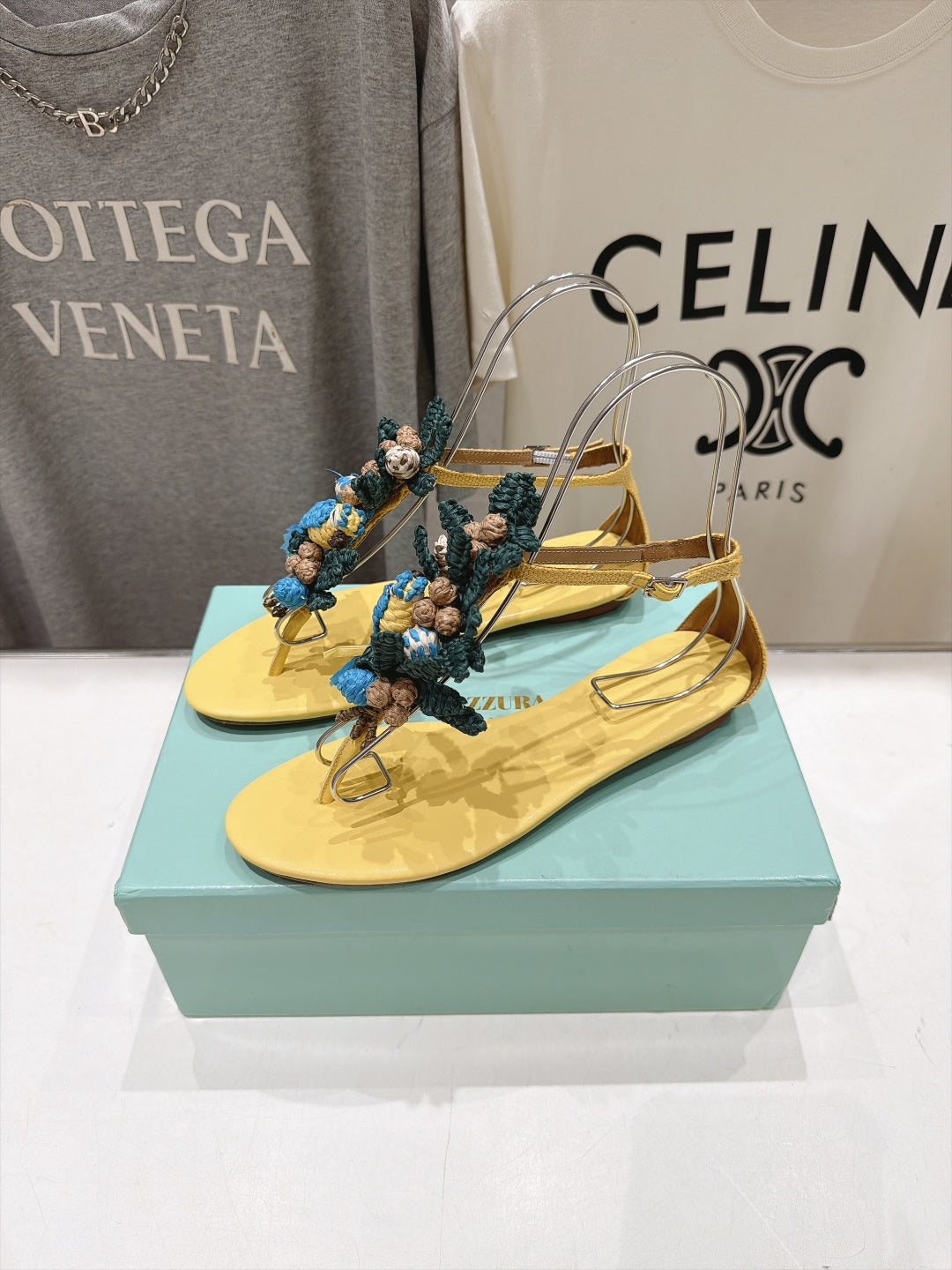 AQUAZZURA 26S FLORAL APPLIQUE THONG SANDALS IN YELLOW CALFSKIN