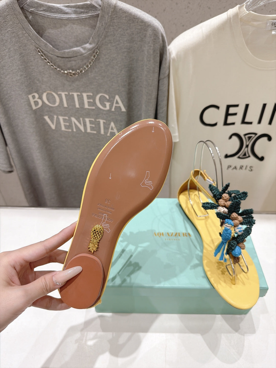 AQUAZZURA 26S FLORAL APPLIQUE THONG SANDALS IN YELLOW CALFSKIN