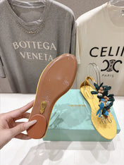 AQUAZZURA 26S FLORAL APPLIQUE THONG SANDALS IN YELLOW CALFSKIN