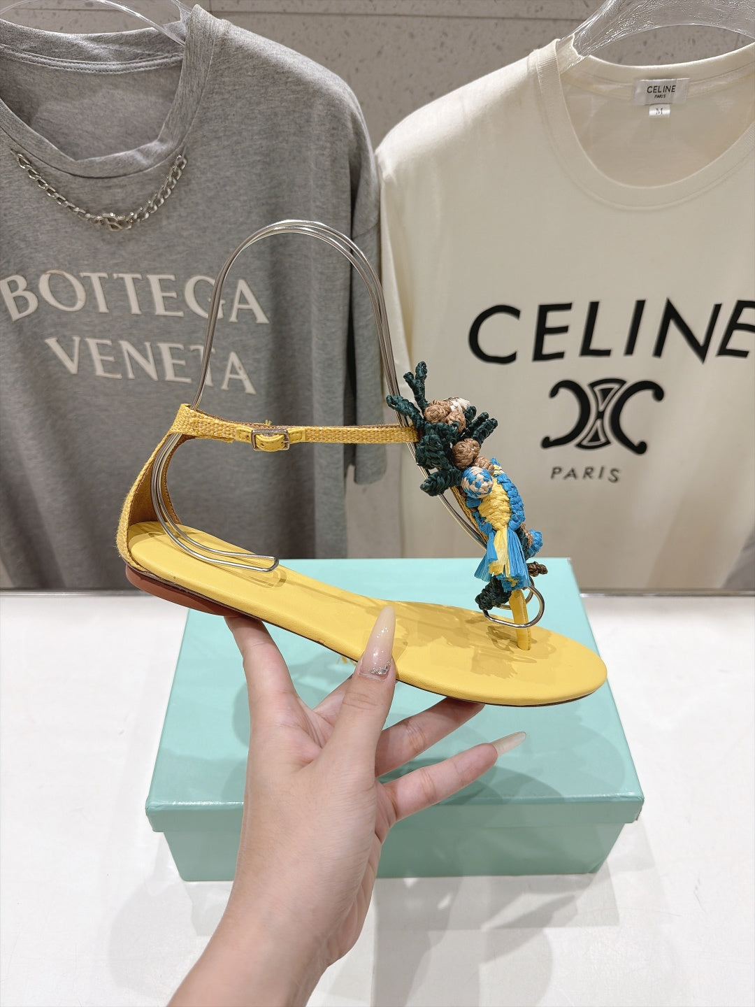 AQUAZZURA 26S FLORAL APPLIQUE THONG SANDALS IN YELLOW CALFSKIN