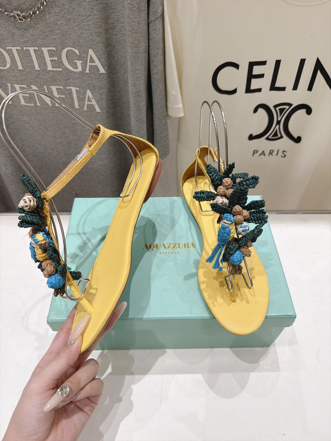 AQUAZZURA 26S FLORAL APPLIQUE THONG SANDALS IN YELLOW CALFSKIN