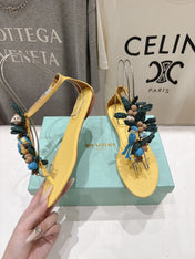 AQUAZZURA 26S FLORAL APPLIQUE THONG SANDALS IN YELLOW CALFSKIN