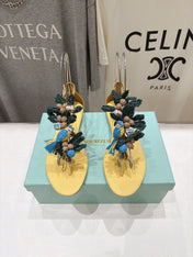 AQUAZZURA 26S FLORAL APPLIQUE THONG SANDALS IN YELLOW CALFSKIN