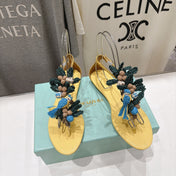 AQUAZZURA 26S FLORAL APPLIQUE THONG SANDALS IN YELLOW CALFSKIN