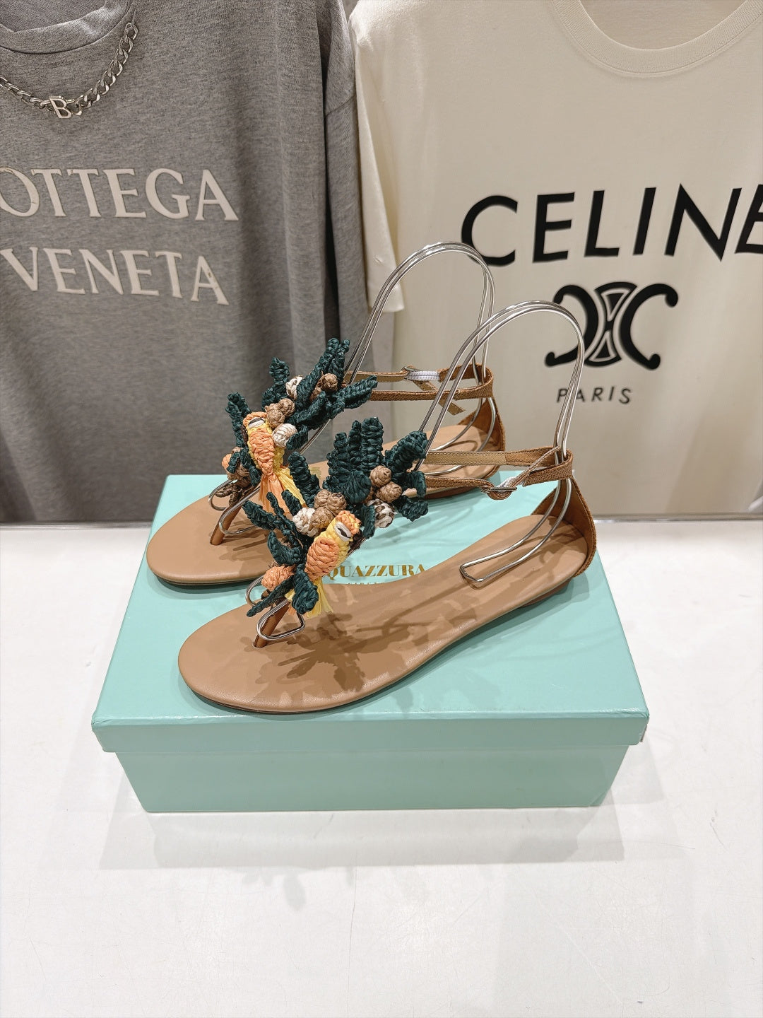 AQUAZZURA 26S FLORAL APPLIQUE THONG SANDALS IN BROWN CALFSKIN