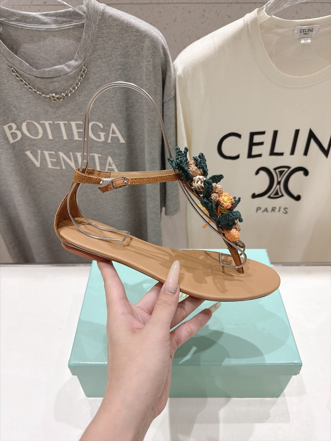 AQUAZZURA 26S FLORAL APPLIQUE THONG SANDALS IN BROWN CALFSKIN
