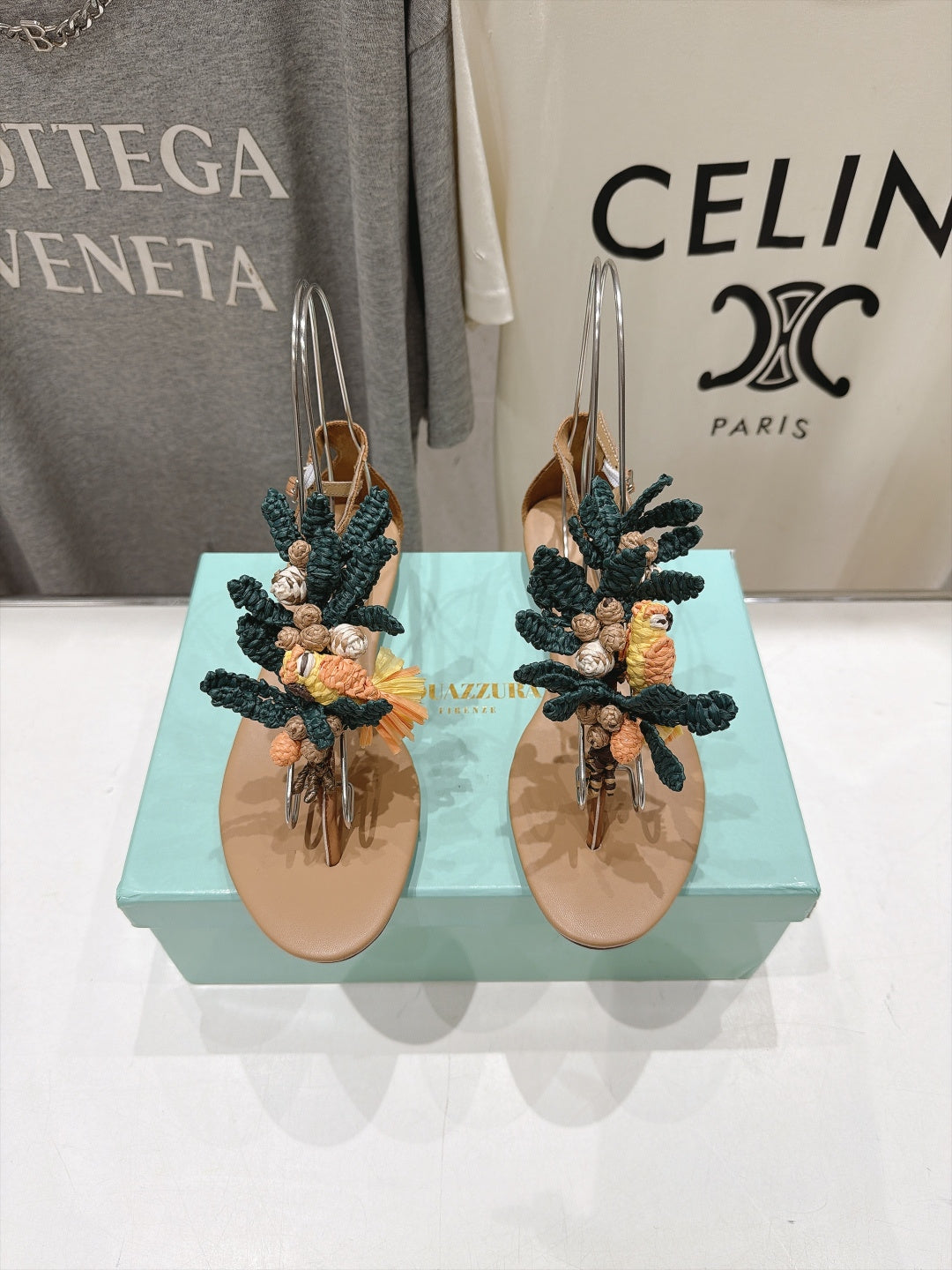 AQUAZZURA 26S FLORAL APPLIQUE THONG SANDALS IN BROWN CALFSKIN