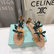 AQUAZZURA 26S FLORAL APPLIQUE THONG SANDALS IN BROWN CALFSKIN