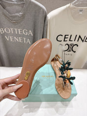 AQUAZZURA 26S FLORAL APPLIQUE THONG SANDALS IN BROWN CALFSKIN