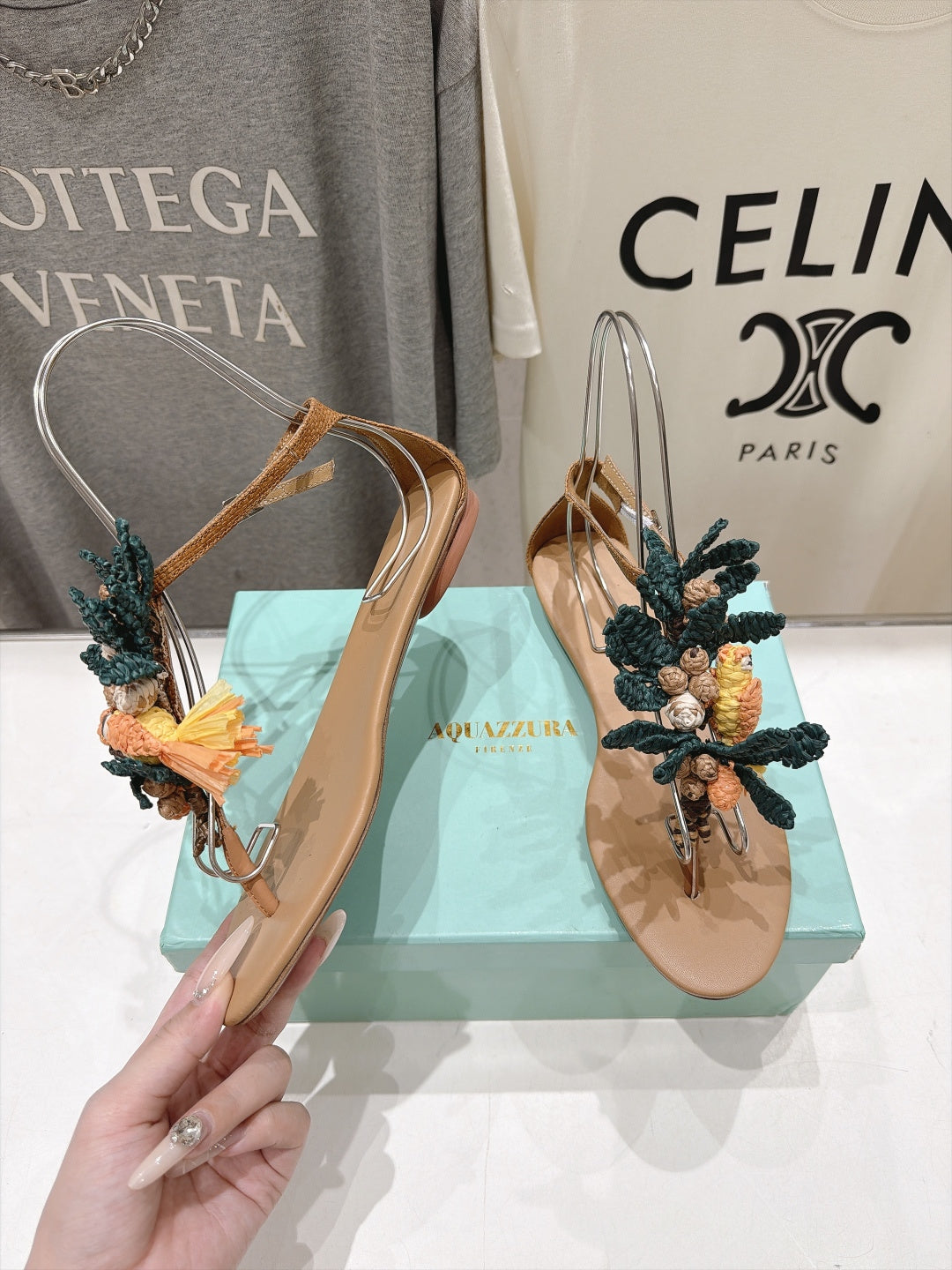 AQUAZZURA 26S FLORAL APPLIQUE THONG SANDALS IN BROWN CALFSKIN