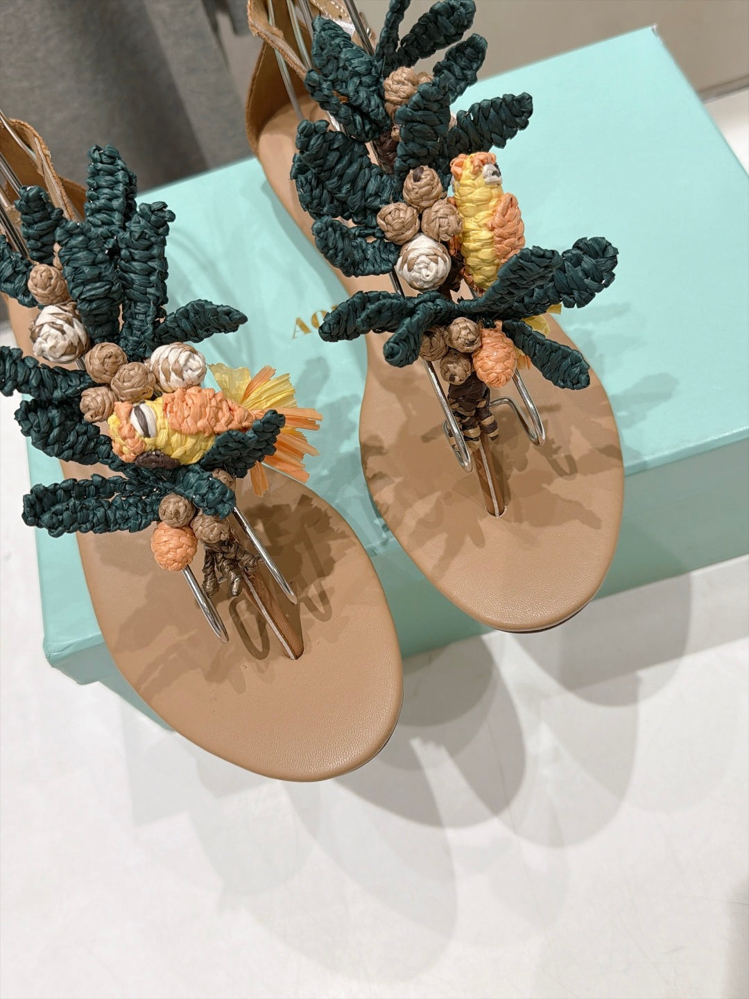 AQUAZZURA 26S FLORAL APPLIQUE THONG SANDALS IN BROWN CALFSKIN