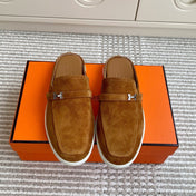 HM 25S MULES IN BROWN SUEDE WITH SILVER HARDWARE