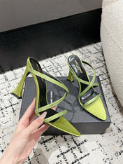 HIGH CRYSTAL STRAP SANDALS IN PEAR GREEN SILK
