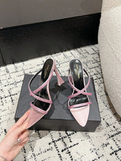 HIGH CRYSTAL STRAP SANDALS IN LIGHT PINK SILK