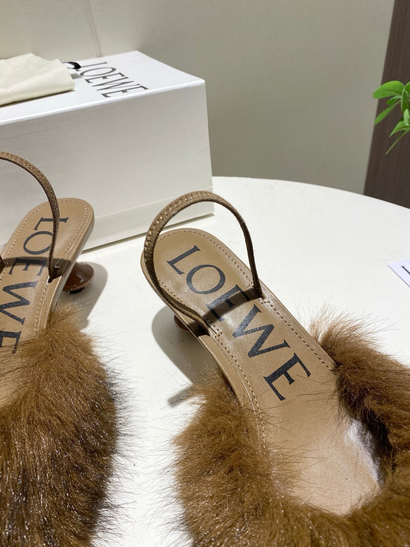 LOEWE 26S OPEN-BACK HIGH HEELS 60MM IN DARK BROWN CALFSKIN WITH FUR
