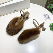 LOEWE 26S OPEN-BACK HIGH HEELS 60MM IN DARK BROWN CALFSKIN WITH FUR