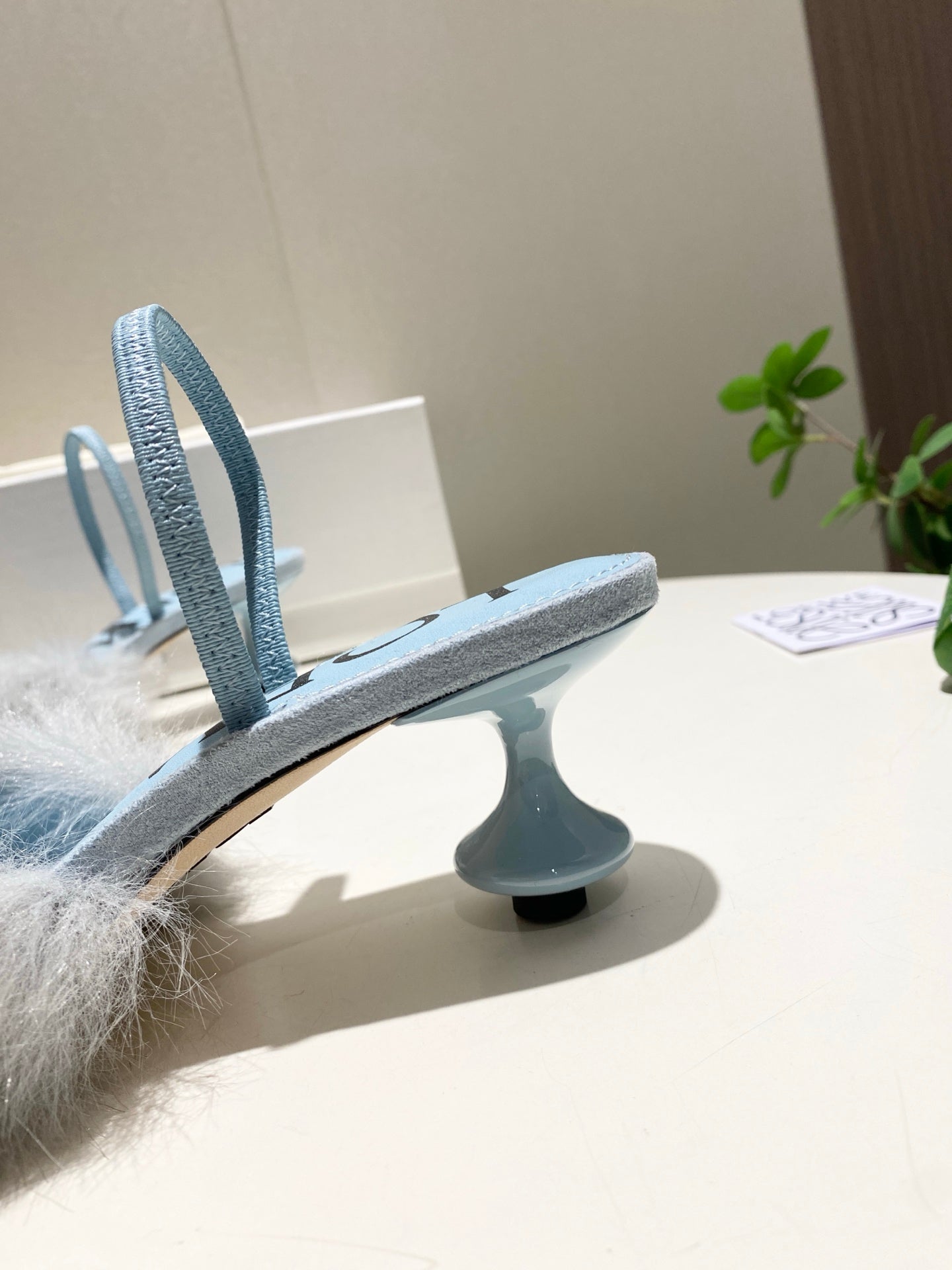 LOEWE 26S OPEN-BACK HIGH HEELS 60MM IN LIGHT BLUE CALFSKIN WITH FUR