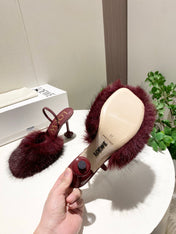 LOEWE 26S OPEN-BACK HIGH HEELS 100MM IN WINE RED CALFSKIN WITH FUR