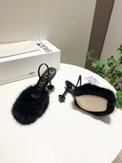 LOEWE 26S OPEN-BACK HIGH HEELS 100MM IN BLACK CALFSKIN WITH FUR