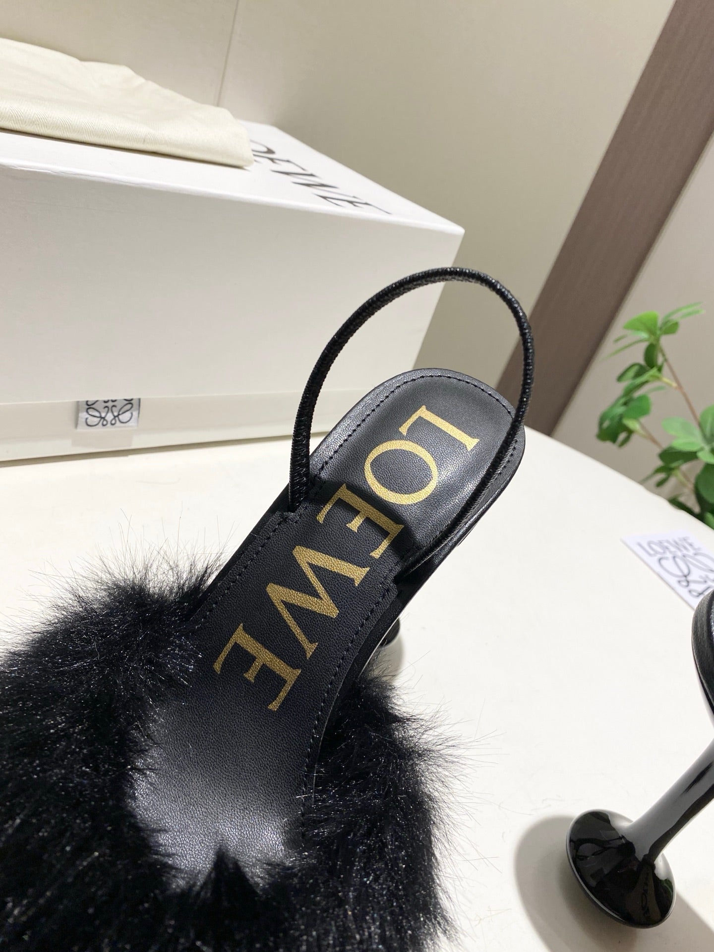 LOEWE 26S OPEN-BACK HIGH HEELS 100MM IN BLACK CALFSKIN WITH FUR