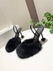 LOEWE 26S OPEN-BACK HIGH HEELS 100MM IN BLACK CALFSKIN WITH FUR