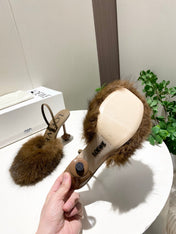 LOEWE 26S OPEN-BACK HIGH HEELS 100MM IN DARK BROWN CALFSKIN WITH FUR