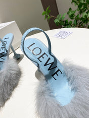 LOEWE 26S OPEN-BACK HIGH HEELS 100MM IN LIGHT BLUE CALFSKIN WITH FUR