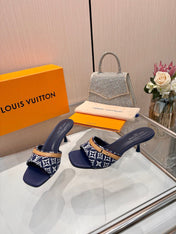 LV 26S HIGH-HEELED MULES 55 MM IN DARK BLUE AND WHITE EMBROIDERED MONOGRAM CANVAS