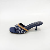 LV 26S HIGH-HEELED MULES 55 MM IN DARK BLUE AND WHITE EMBROIDERED MONOGRAM CANVAS
