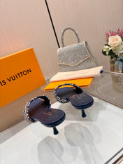 LV 26S HIGH-HEELED MULES 55 MM IN DARK BLUE AND WHITE EMBROIDERED MONOGRAM CANVAS