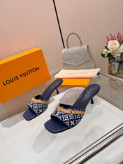 LV 26S HIGH-HEELED MULES 55 MM IN DARK BLUE AND WHITE EMBROIDERED MONOGRAM CANVAS