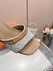 LV 26S HIGH-HEELED MULES 55 MM IN BEIGE CALFSKIN AND WHITE EMBROIDERED MONOGRAM CANVAS