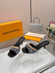 LV 26S HIGH-HEELED MULES 55 MM IN BLACK AND WHITE EMBROIDERED MONOGRAM CANVAS